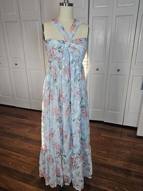 129. NWT Floral Blue/Pink Chiffon Maxi Dress Size Small